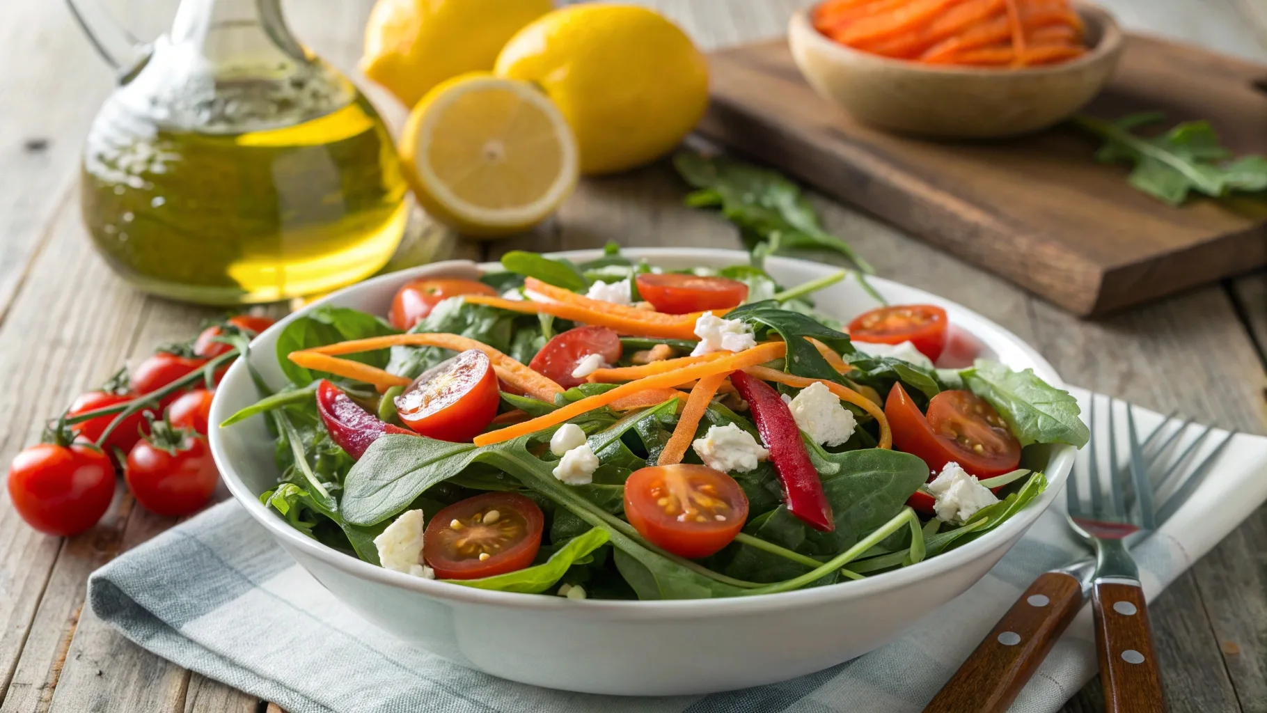 Spinach and arugula salad topped with cherry tomatoes, carrots, and crumbled feta cheese, drizzled with homemade dressing.