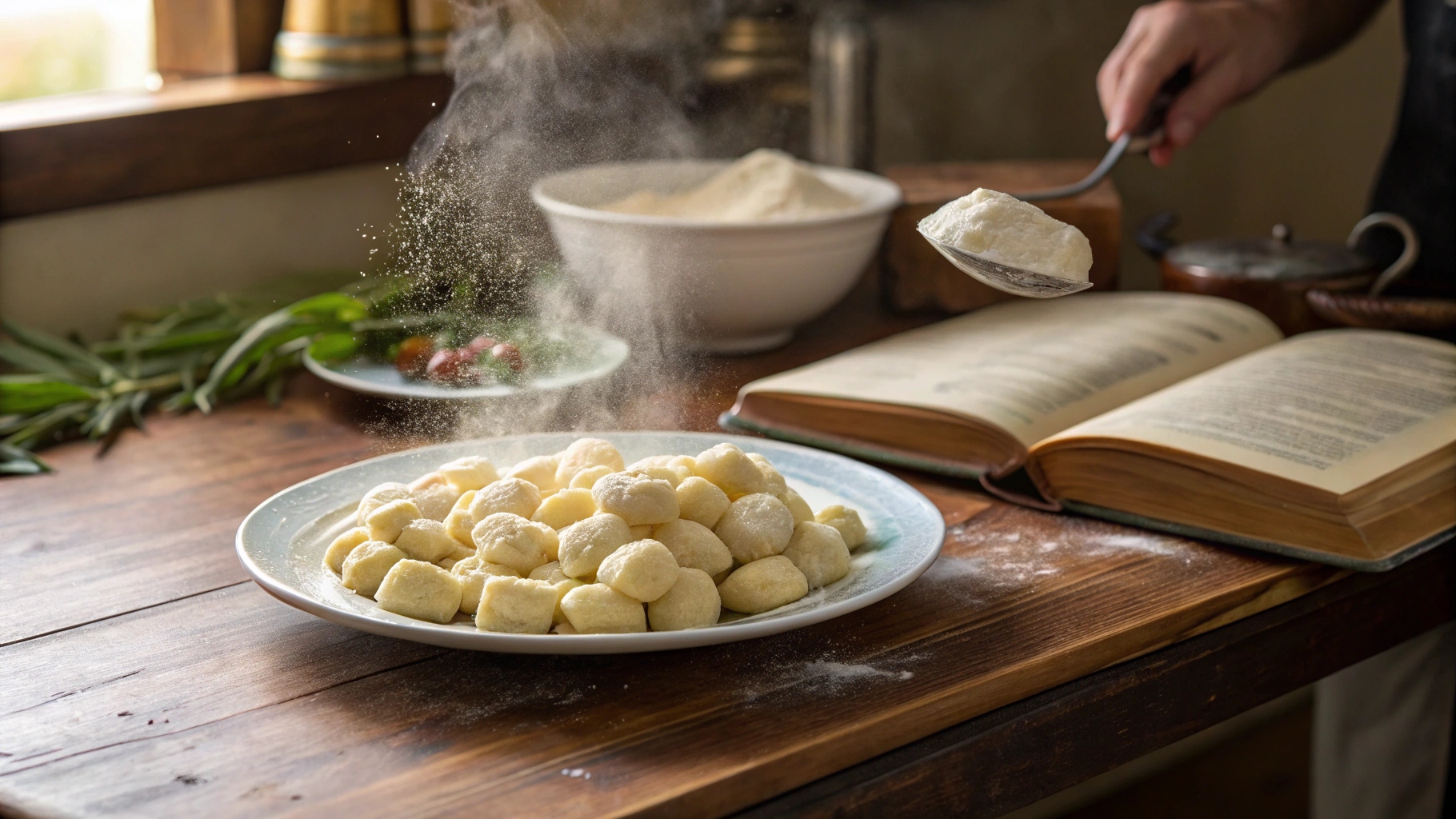 A rustic Italian kitchen with a plate of freshly made gnocchi di patate, highlighting the pronunciation and cultural significance of this dish.