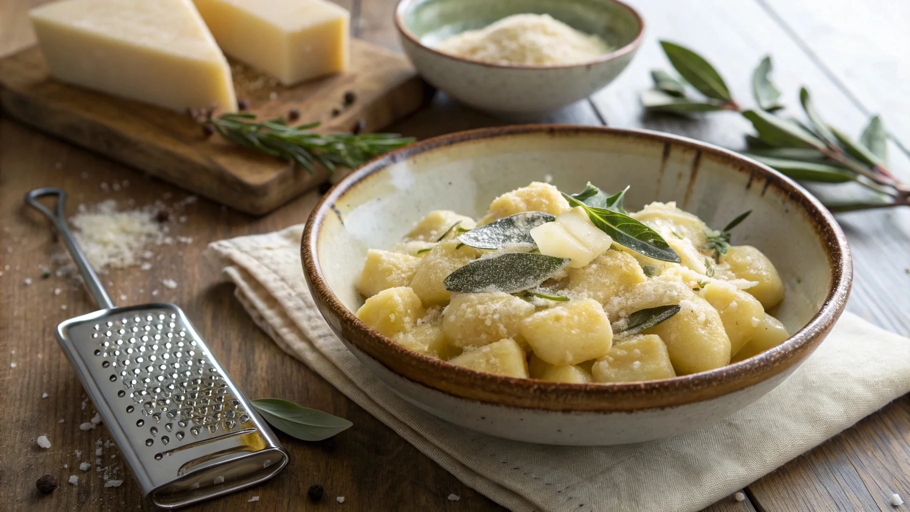 Rustic serving of gnocchi di patate topped with butter and sage.