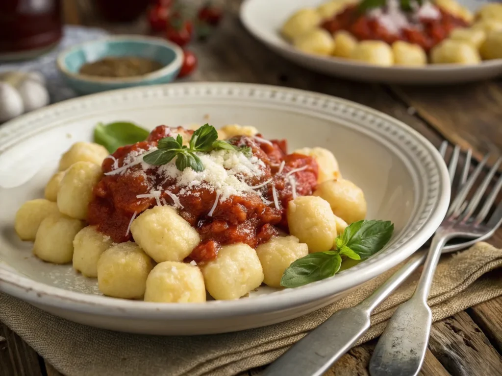 Plate of potato gnocchi with tomato sauce and Parmesan – is gnocchi a potato or a pasta?