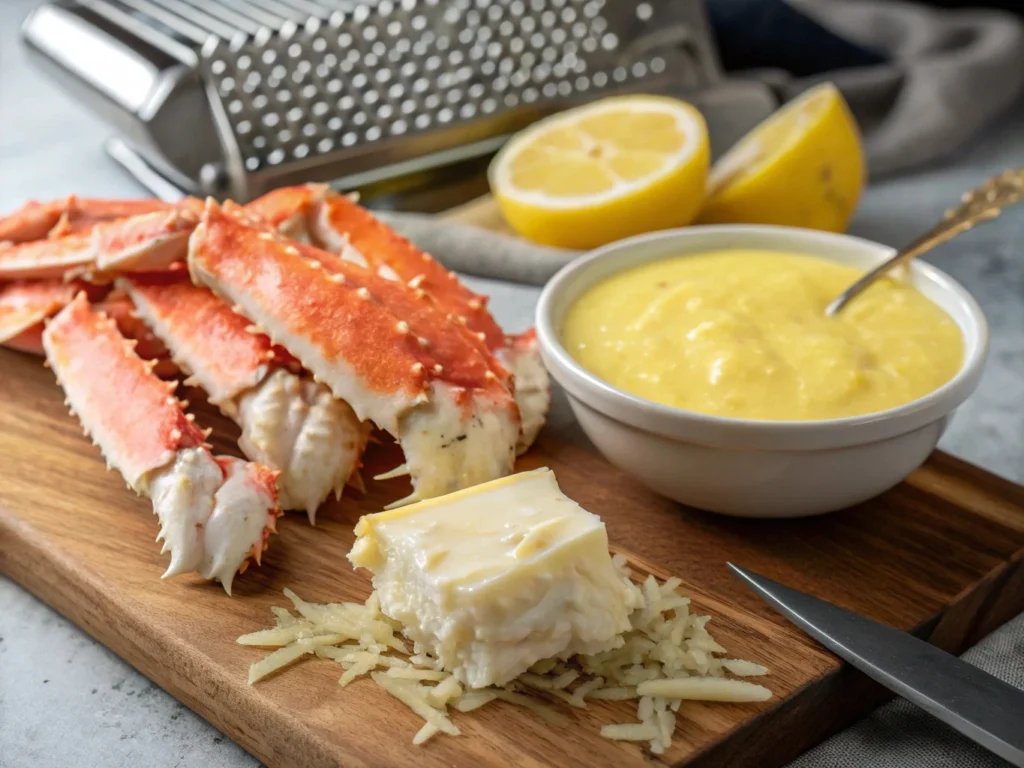 Fresh king crab meat with custard mixture, Gruyère cheese, and lemon zest for making king crab brulee.