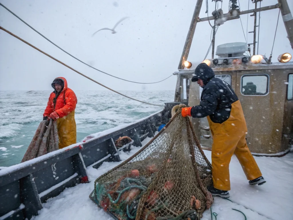 Fishermen harvesting king crab in the icy waters of the Bering Sea.