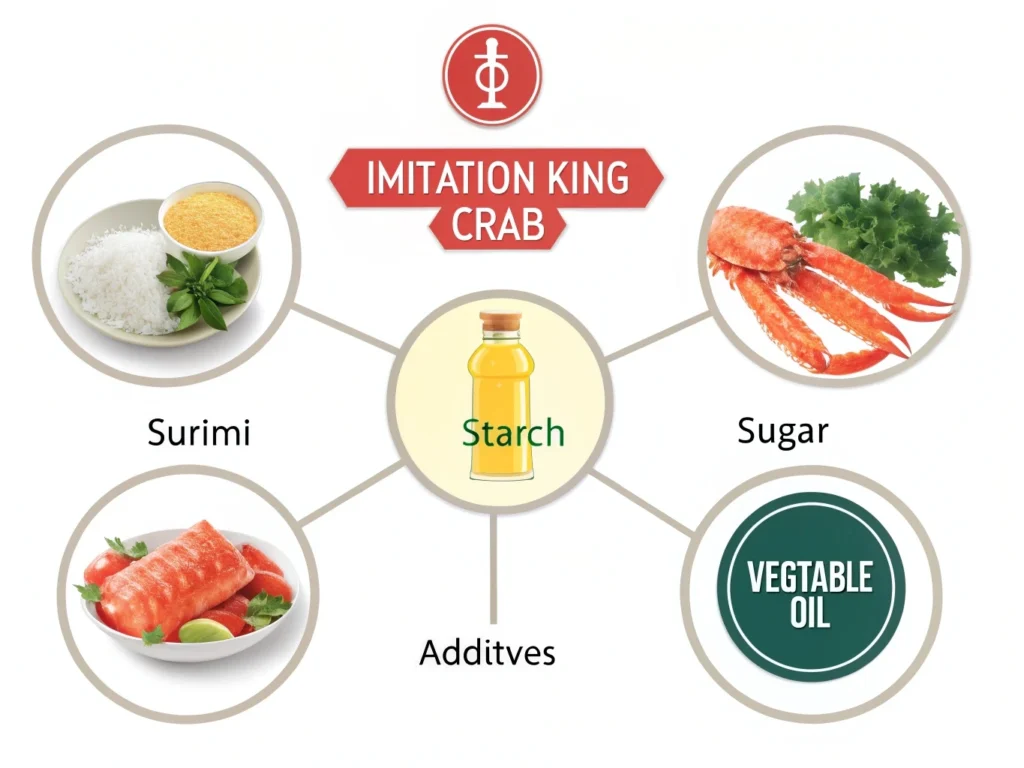 Diagram of key ingredients in imitation king crab, including surimi, starch, sugar, and additives.