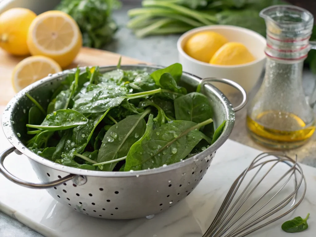 Freshly washed spinach and arugula leaves in a colander with water droplets glistening, ready for salad preparation.