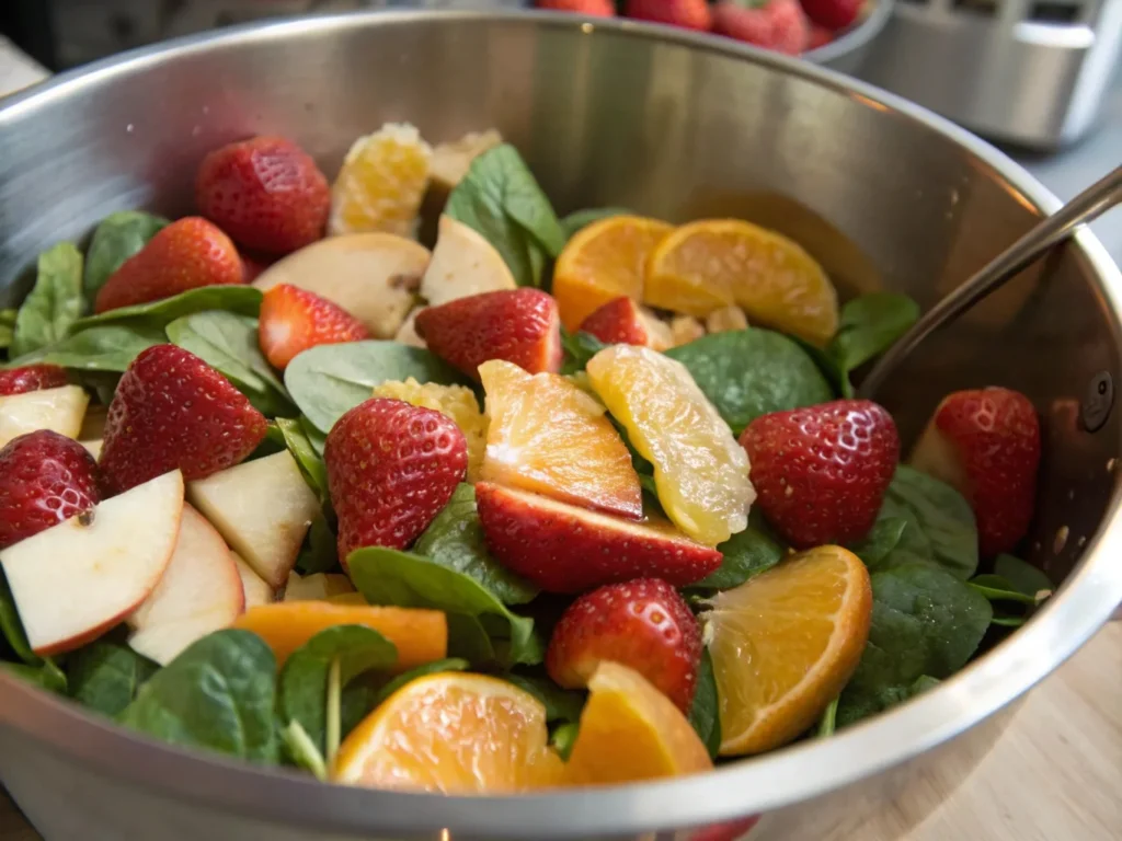 Fresh strawberries, orange slices, and apple wedges being mixed with spinach leaves for a vibrant fruit salad.