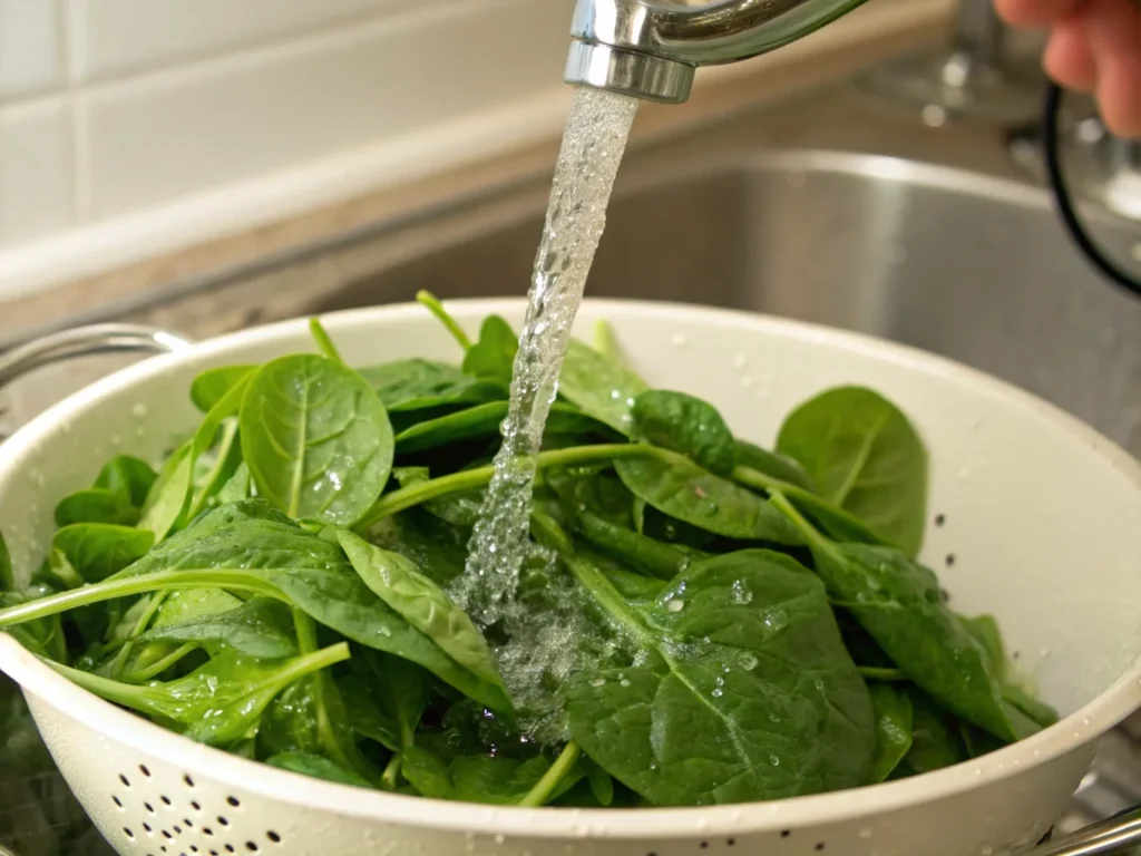 Fresh organic baby spinach leaves being washed under running water in a colander – essential for a healthy spinach salad.