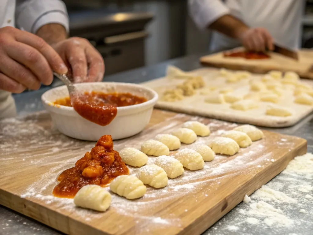 Close-up of uncooked stuffed gnocchi being filled with sauce and sealed on a floured wooden board.