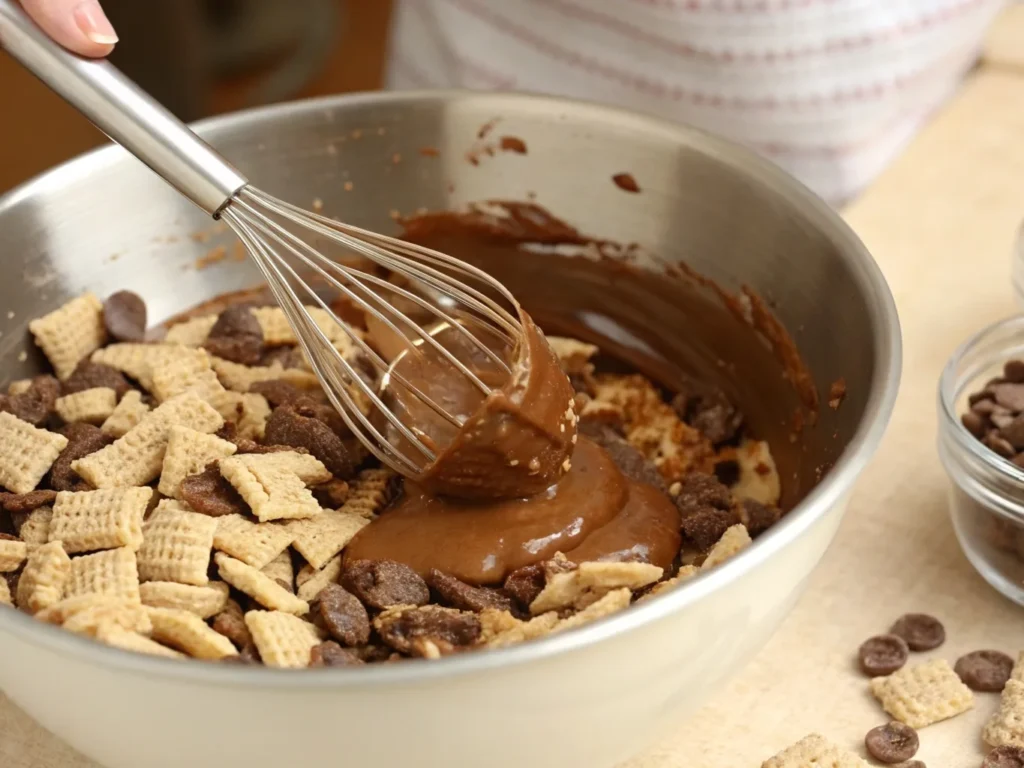 Puppy Chow preparation process showing Rice Chex cereal being coated in melted chocolate and peanut butter, showcasing the difference between Muddy Buddies and Puppy Chow recipes.