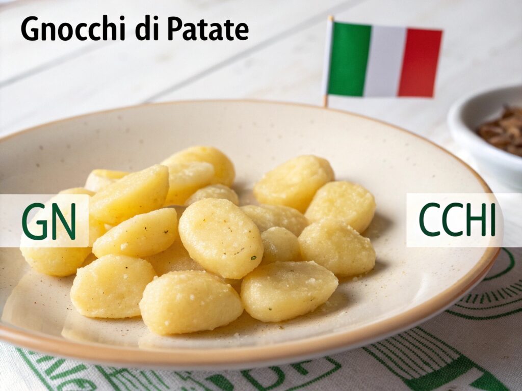 A phonetic pronunciation guide for gnocchi di patate, illustrating the correct way to say it in Italian with mouth position diagrams.