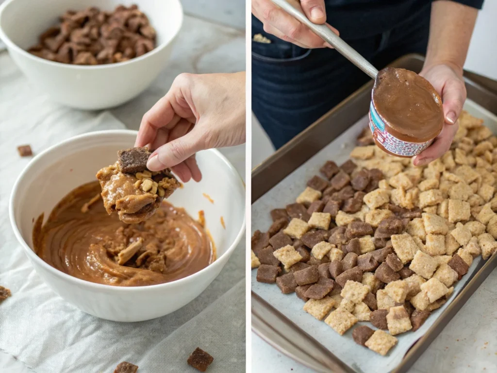 Step-by-step preparation of Muddy Buddies, featuring melted chocolate, peanut butter, and cereal being mixed.