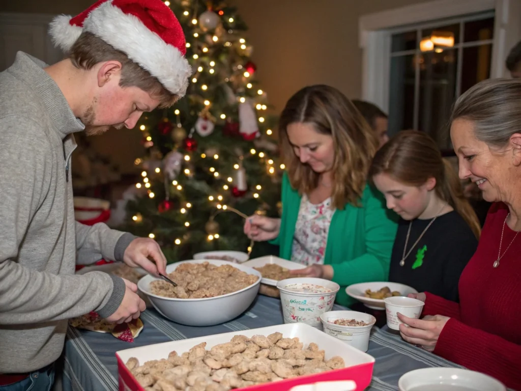 Family enjoying Puppy Chow (People Chow) together during a holiday celebration, showcasing its timeless appeal.