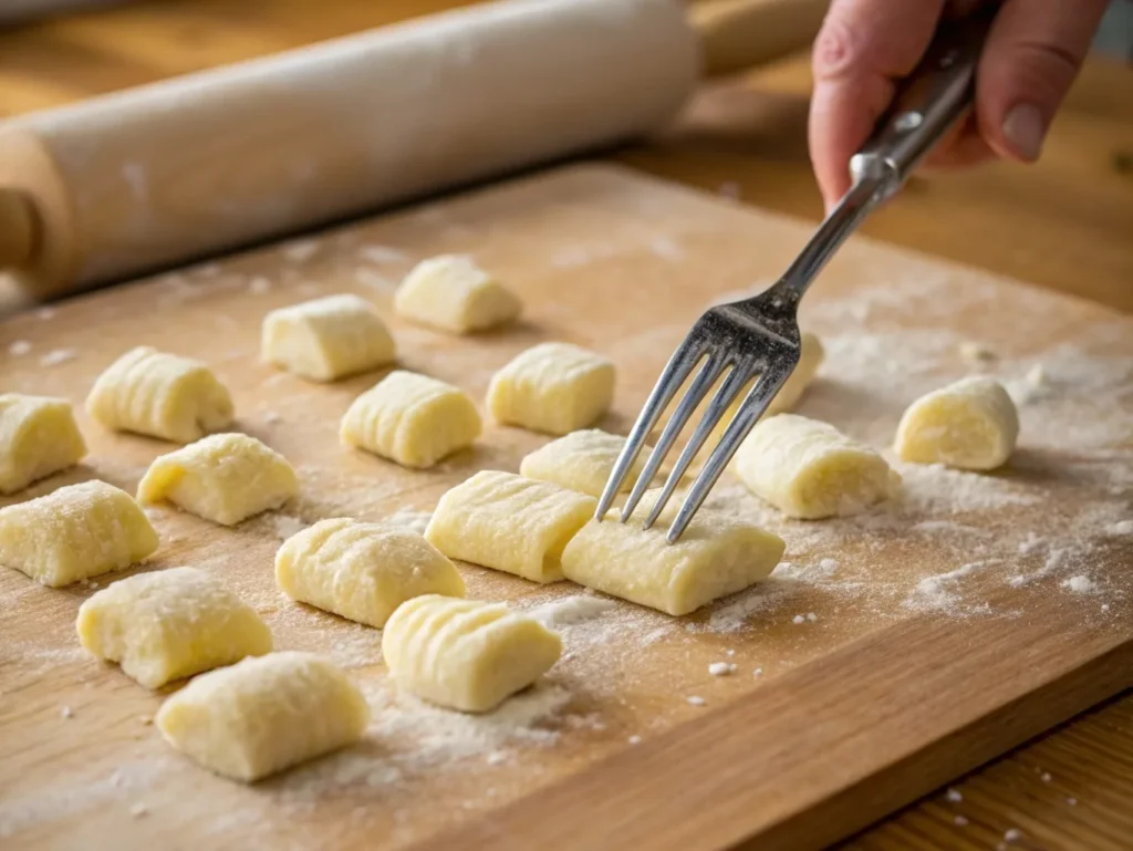 Preparing gnocchi di patate from fresh potato dough, rolling and shaping them into small pieces with a fork indent.