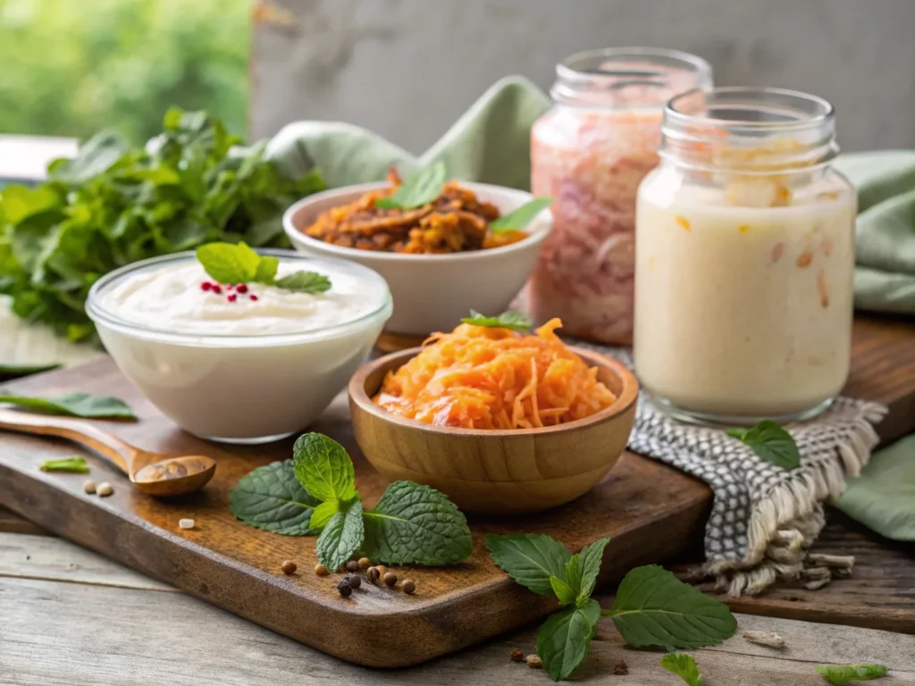 A variety of gut-friendly probiotic foods, such as yogurt, kimchi, sauerkraut, and kombucha, essential for natural immune-boosting remedies.