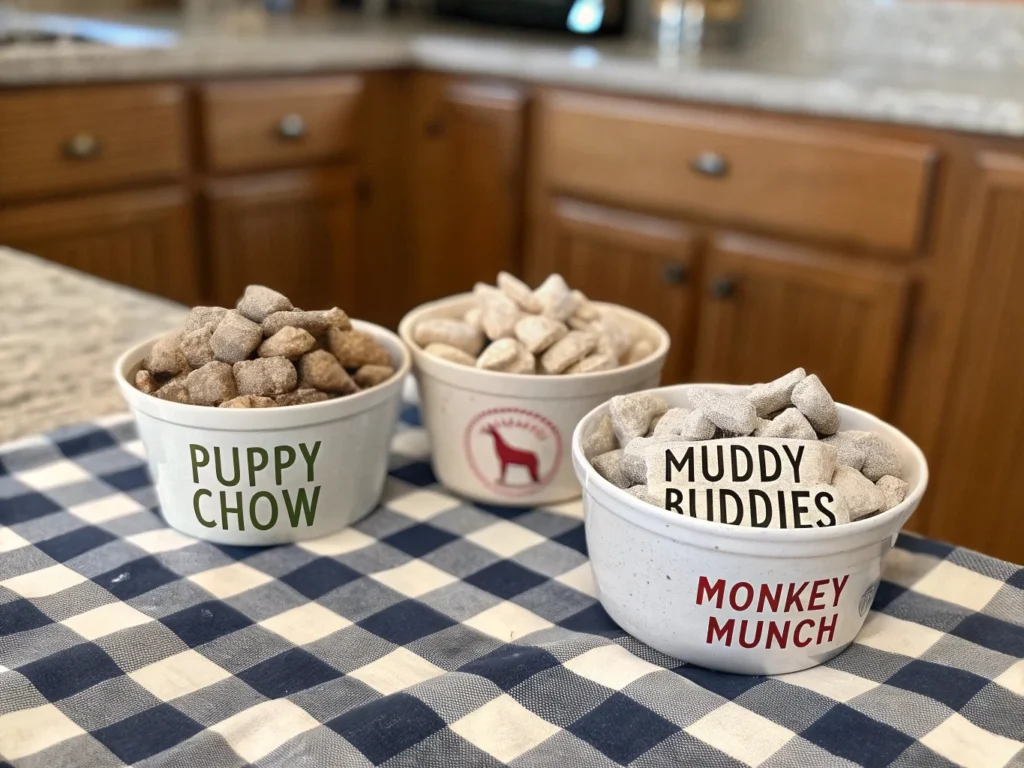 Three bowls of Puppy Chow labeled as 'Muddy Buddies' (Southern), 'Puppy Chow' (Midwest), and 'Monkey Munch' (Northeast), showing regional name variations.