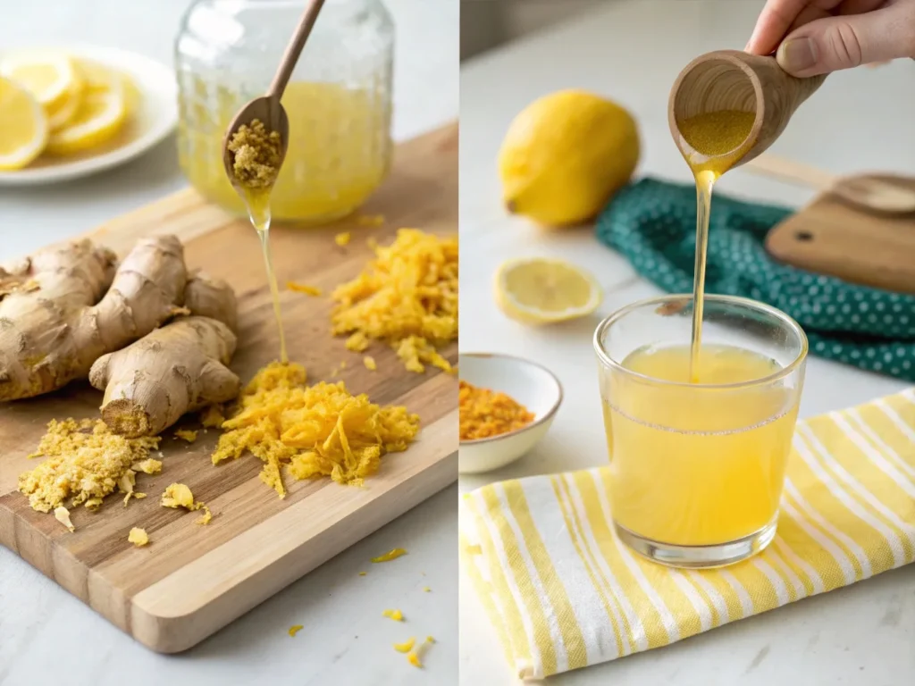 Making a ginger and lemon immunity shot step-by-step with fresh ingredients.