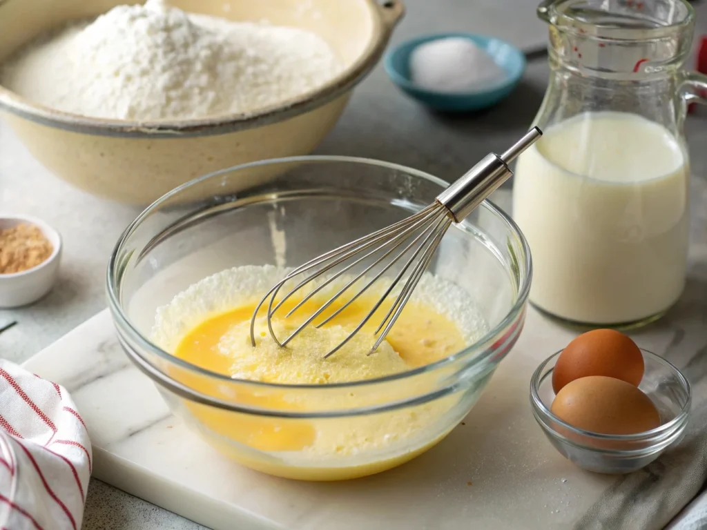 Whisking egg yolks and sugar for a milk-based crème brûlée, an essential step in replacing heavy cream with milk.