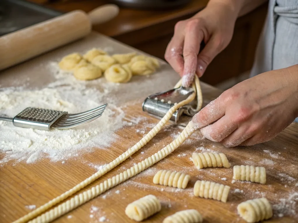 Preparing gnocchi di patate dough on a floured surface.