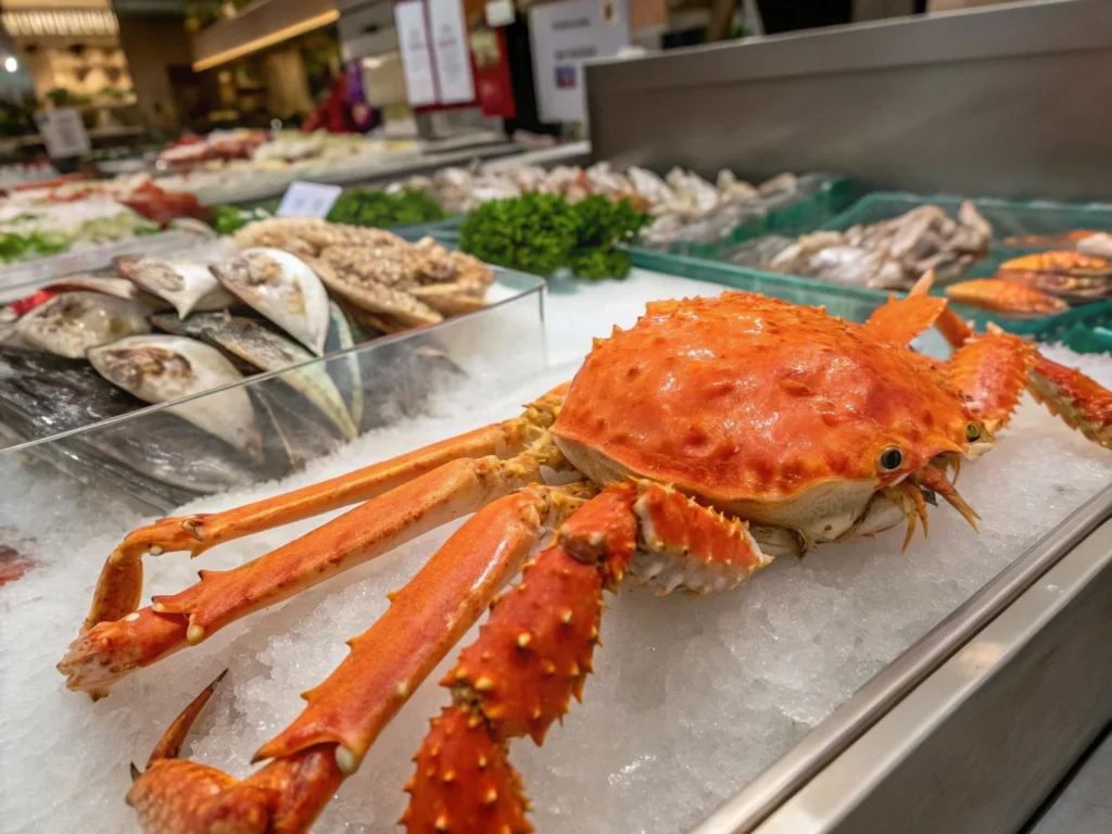 King crab on ice in a seafood market display, emphasizing its exclusivity.