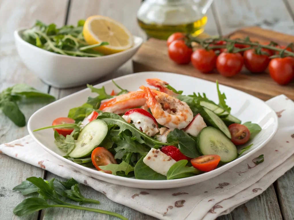 Seafood salad with imitation king crab, fresh greens, cucumbers, and cherry tomatoes.