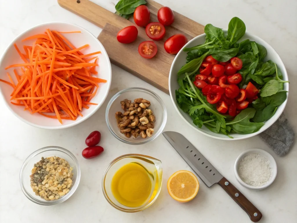 Ingredients for spinach and arugula salad laid out, including carrots, cherry tomatoes, walnuts, feta, and a homemade dressing.