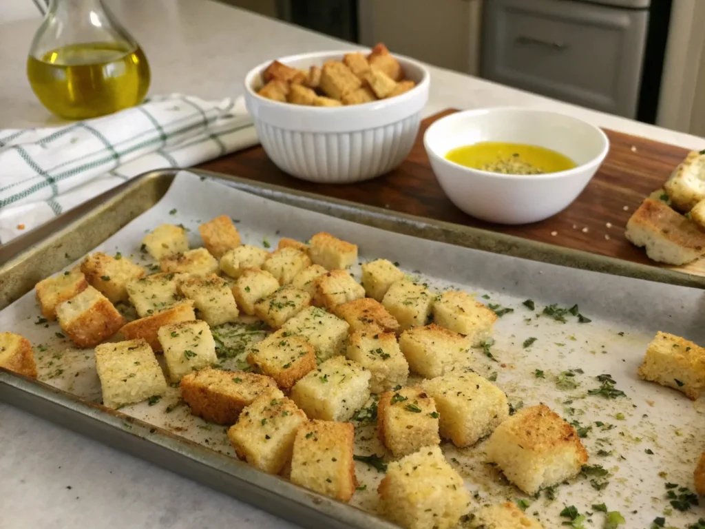 Golden homemade croutons seasoned with herbs and olive oil on a baking sheet, perfect for spinach salads.