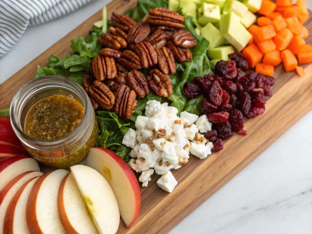 Colorful spinach salad toppings including apples, candied pecans, goat cheese, dried cranberries, and vinaigrette on a wooden board.