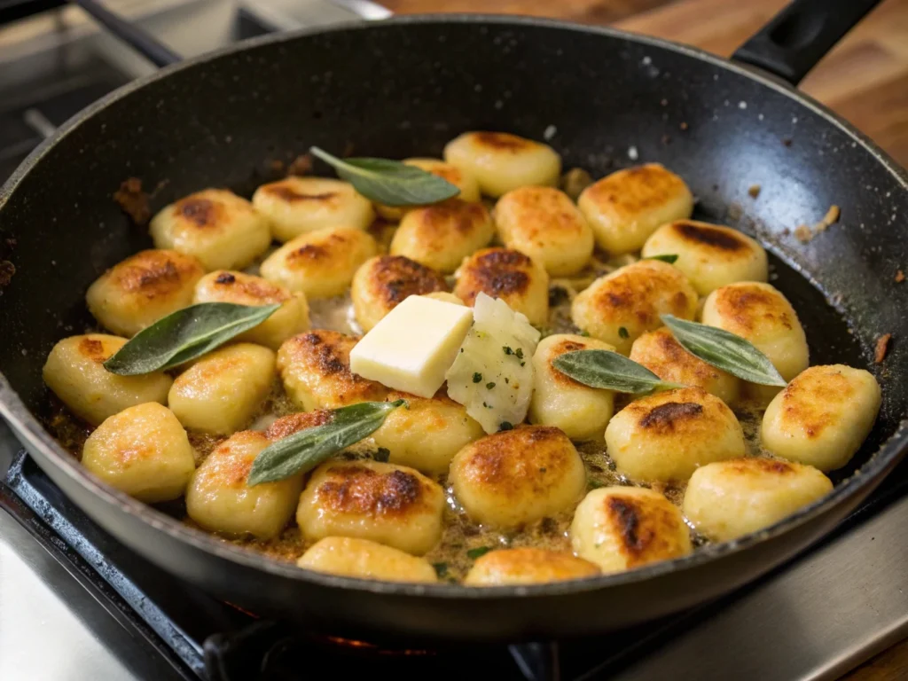 Gnocchi being pan-seared to golden perfection in a skillet with butter and sage leaves.