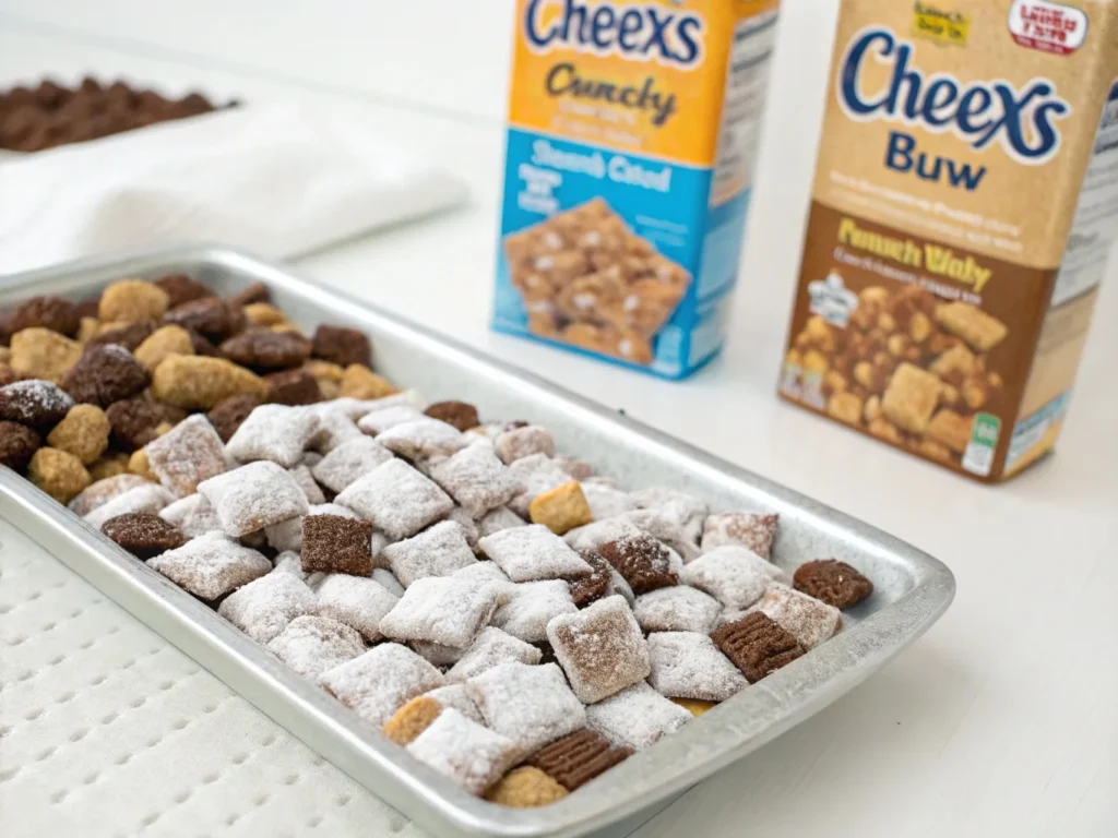 Neatly arranged tray of Muddy Buddies dusted with powdered sugar, with Chex cereal boxes in the background, emphasizing the branded recipe difference between Muddy Buddies and Puppy Chow.