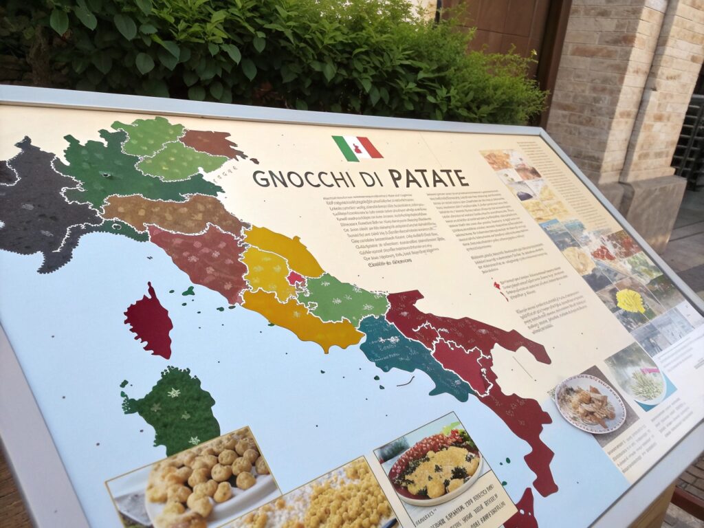 A colorful map of Italy showing regional variations in how gnocchi di patate is pronounced, with small images of different styles of gnocchi.