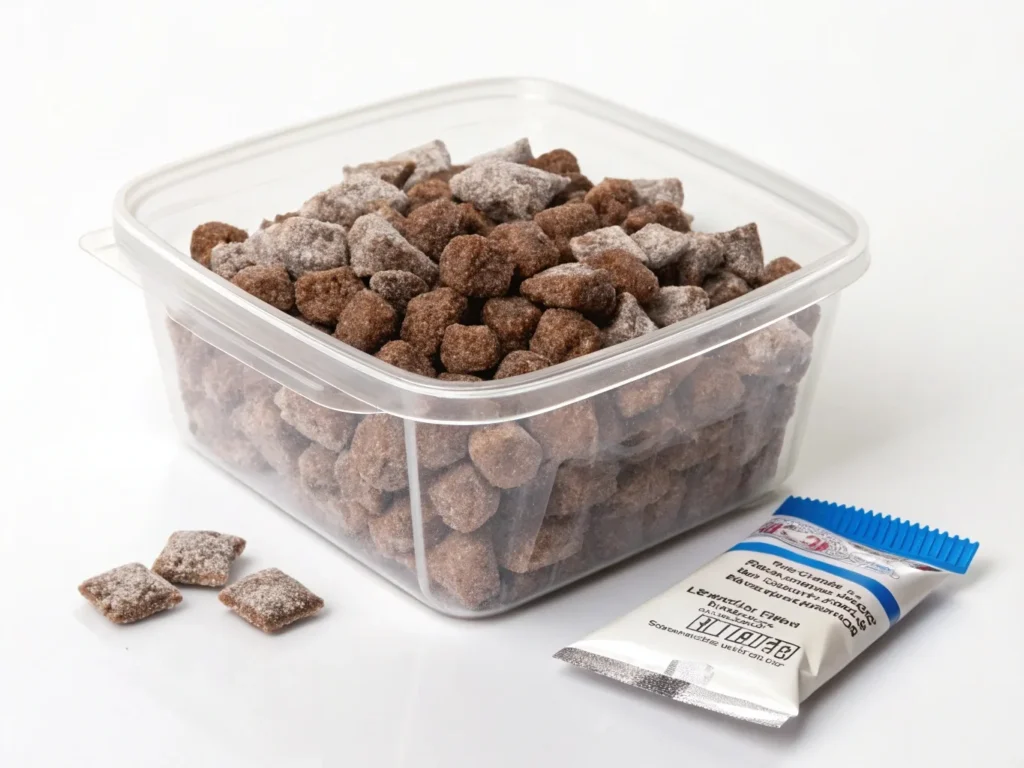 Muddy Buddies stored in an airtight container with a silica gel packet to prevent sogginess and staleness.