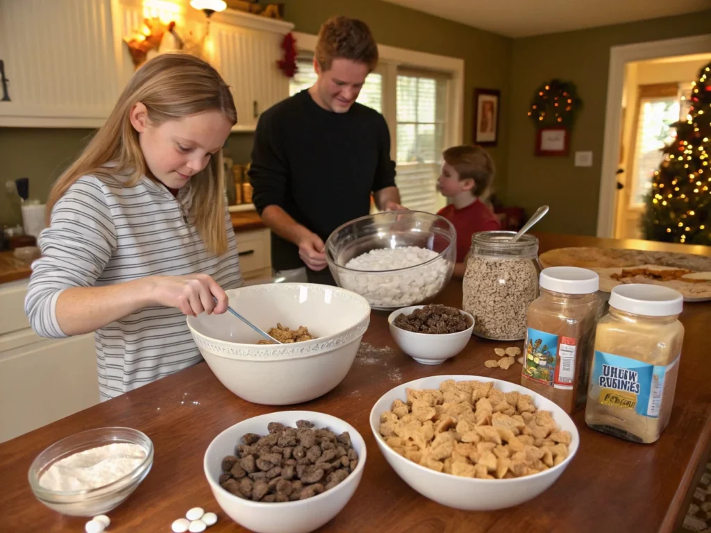 Making Puppy Chow (People Chow) at home, with Rice Chex cereal, peanut butter, and chocolate in a cozy kitchen setting.