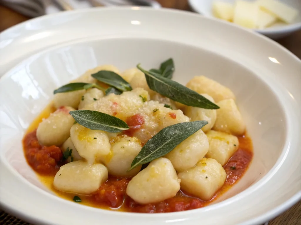 Close-up of gnocchi di patate served with butter and sage, showing the texture and appearance of potato gnocchi.