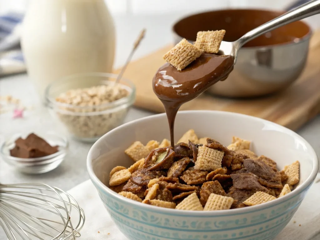 Melted chocolate and peanut butter being poured over a bowl of Rice Chex cereal, showing the first step in making homemade Puppy Chow or Muddy Buddies.