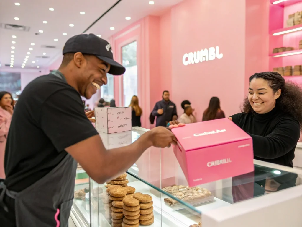 A Crumbl Cookies employee handing a pink box of cookies to a happy customer, showcasing customer experience as part of the three C’s.