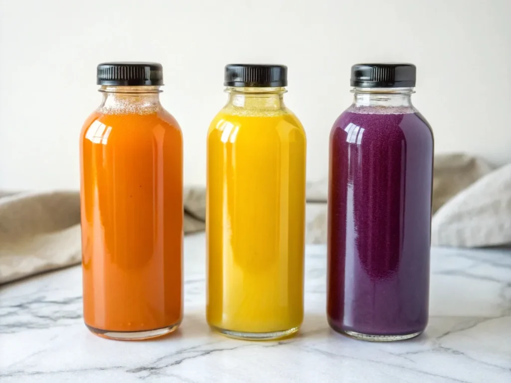 Three bottled immunity shots featuring turmeric, ginger, and elderberry blends from popular brands.