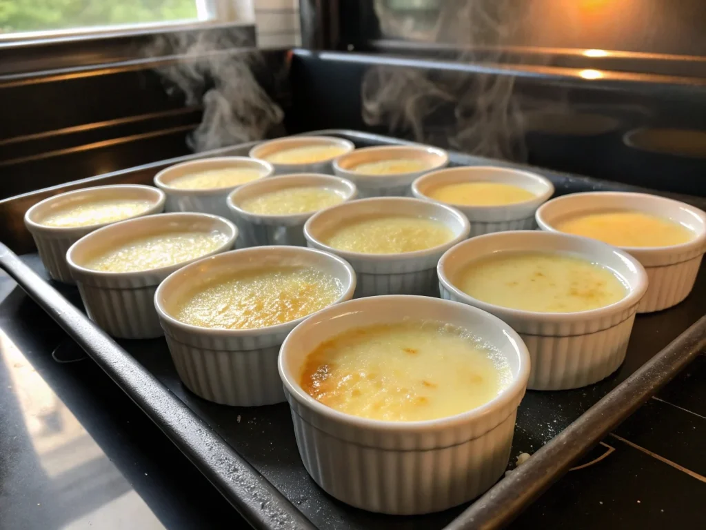 Ramekins filled with milk-based custard in a water bath, ready for baking in the oven.