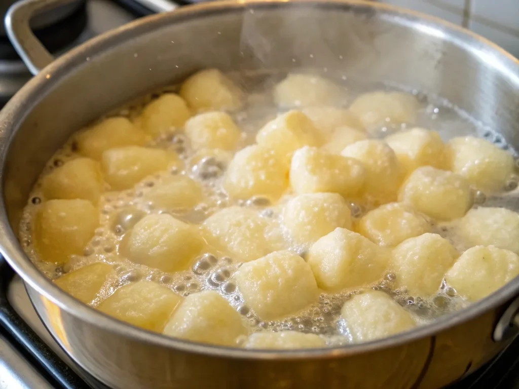 Fresh gnocchi di patate cooking in boiling water with steam rising.