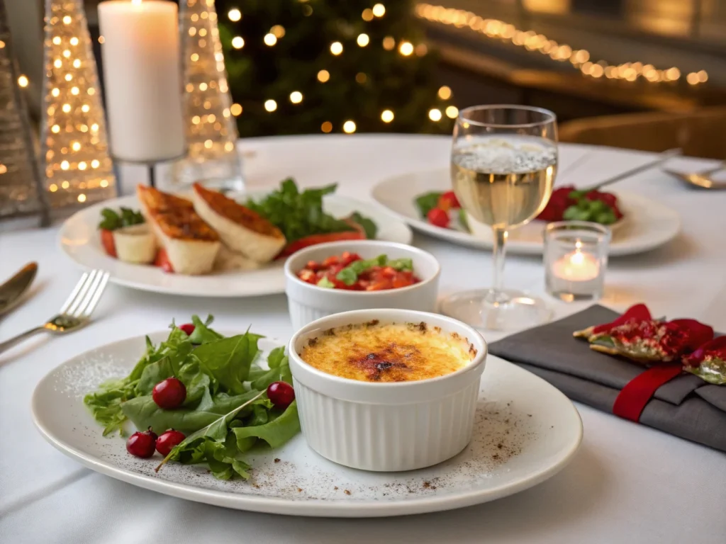 King crab brulee served as an appetizer with a fresh salad and a glass of water on an elegant dining table.