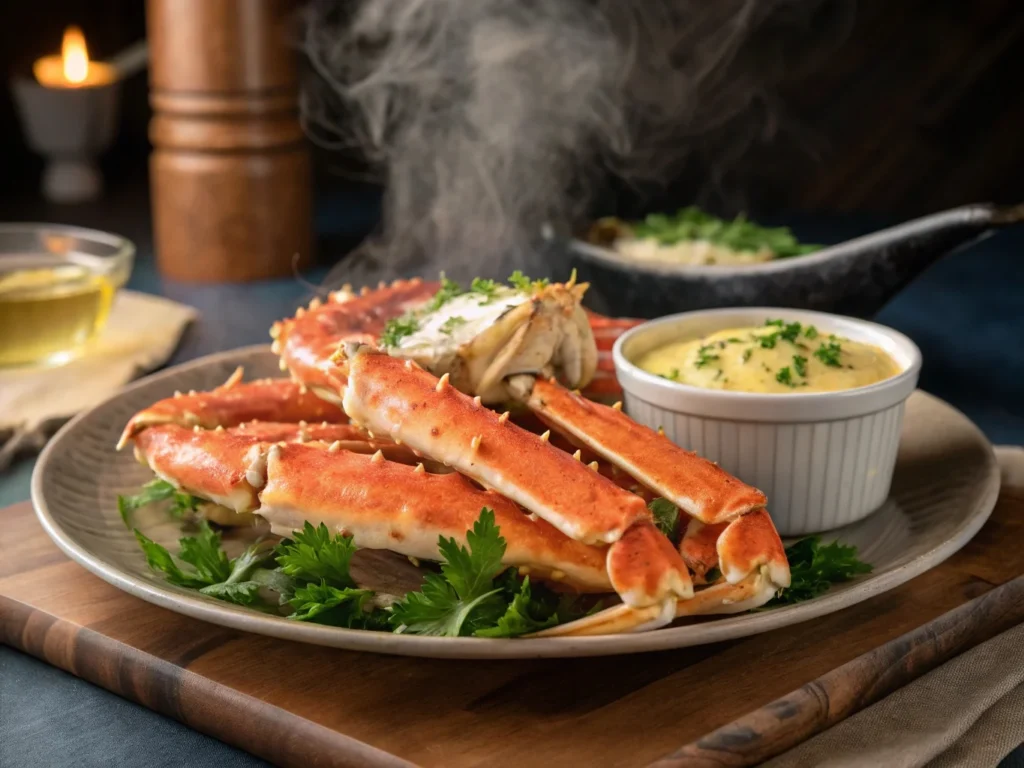 Steaming plate of king crab legs served with butter and parsley.