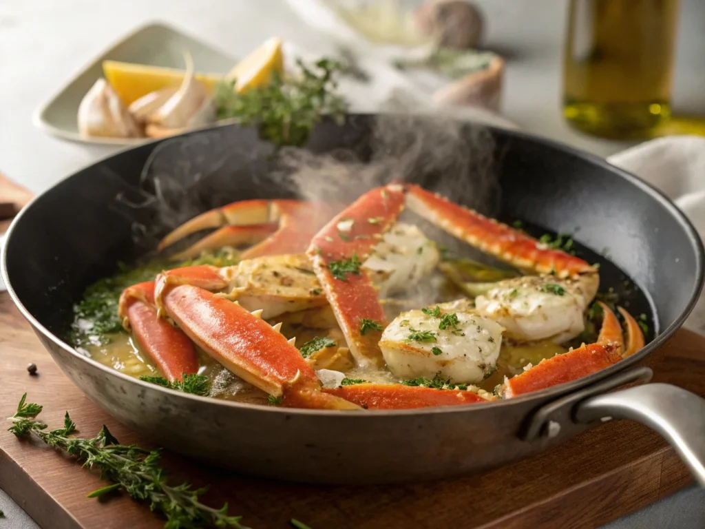 Imitation king crab being sautéed in a pan with garlic, butter, and herbs.