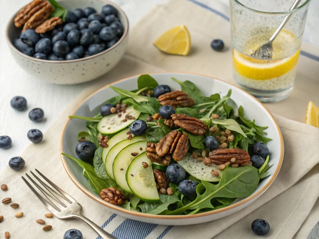 Plated spinach and arugula salad with blueberries, candied pecans, and lemon vinaigrette for a creative twist.