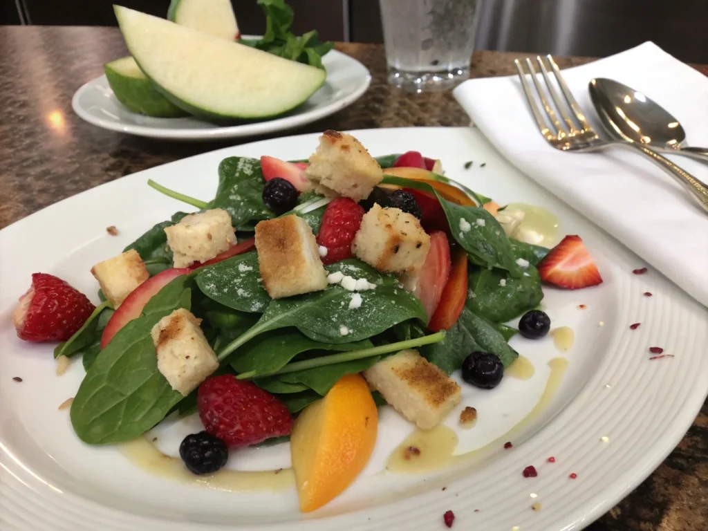  A plated serving of fruit salad with spinach and croutons, garnished with a light drizzle of dressing and served on a white plate.