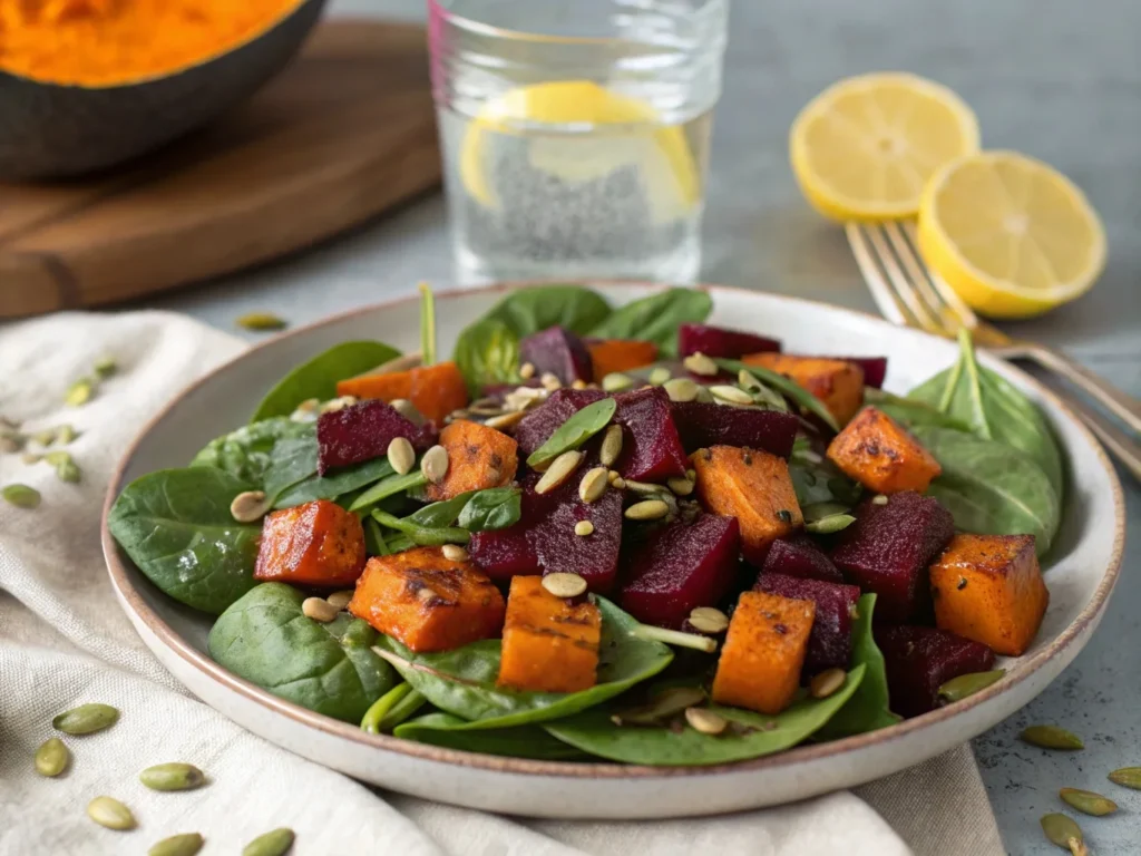 Seasonal winter spinach salad with roasted sweet potatoes, beets, and pumpkin seeds – a flavorful and nutritious option.