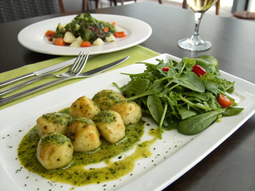 Beautifully plated Outside-In Stuffed Gnocchi with pesto sauce, spinach salad, and a drizzle of olive oil.