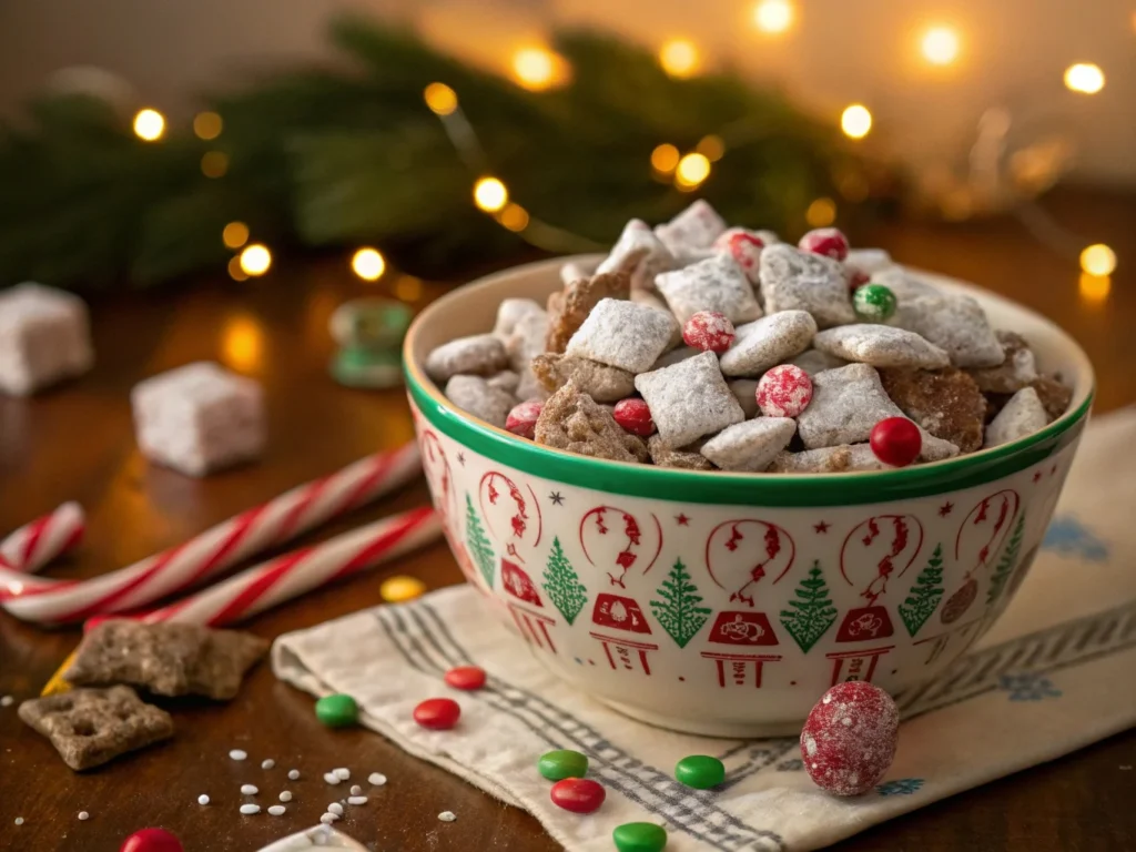 Festive presentation of Puppy Chow in a decorative bowl with colorful candies and holiday props, illustrating creative variations in Puppy Chow recipes.