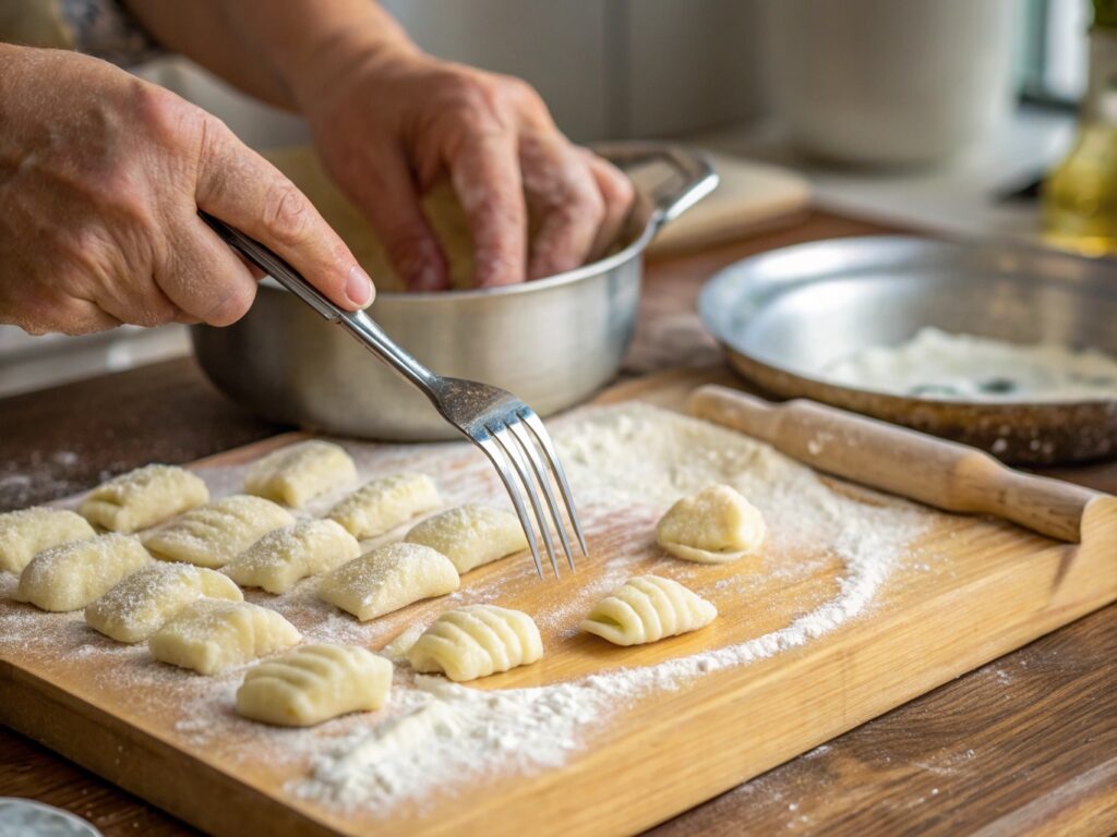 Hands shaping and rolling gnocchi di patate on a floured surface, showing the traditional Italian technique alongside pronunciation learning.