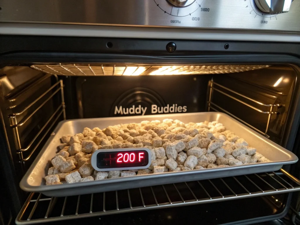 Baking sheet of Muddy Buddies in an oven set to 200°F, demonstrating how to fix soggy snacks.