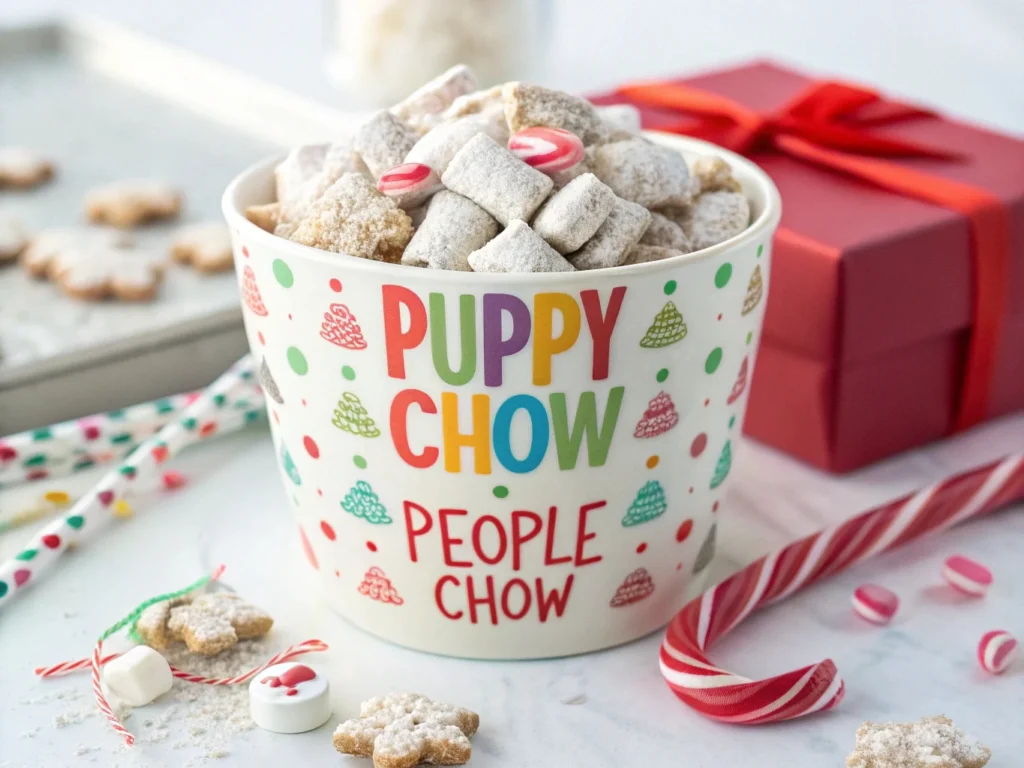 Playful display of People Chow with colorful holiday decorations, highlighting the new name for the popular snack.