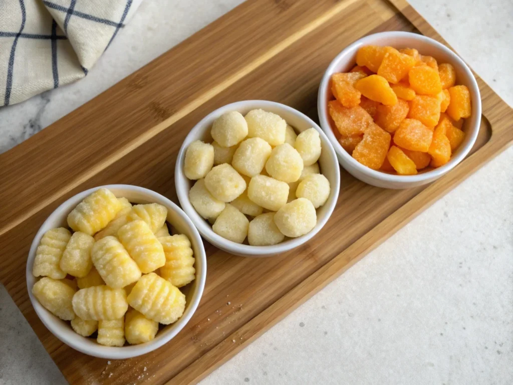 Different types of gnocchi including gnocchi di patate (potato gnocchi), gnocchi alla romana, and gnocchi di zucca displayed for comparison.