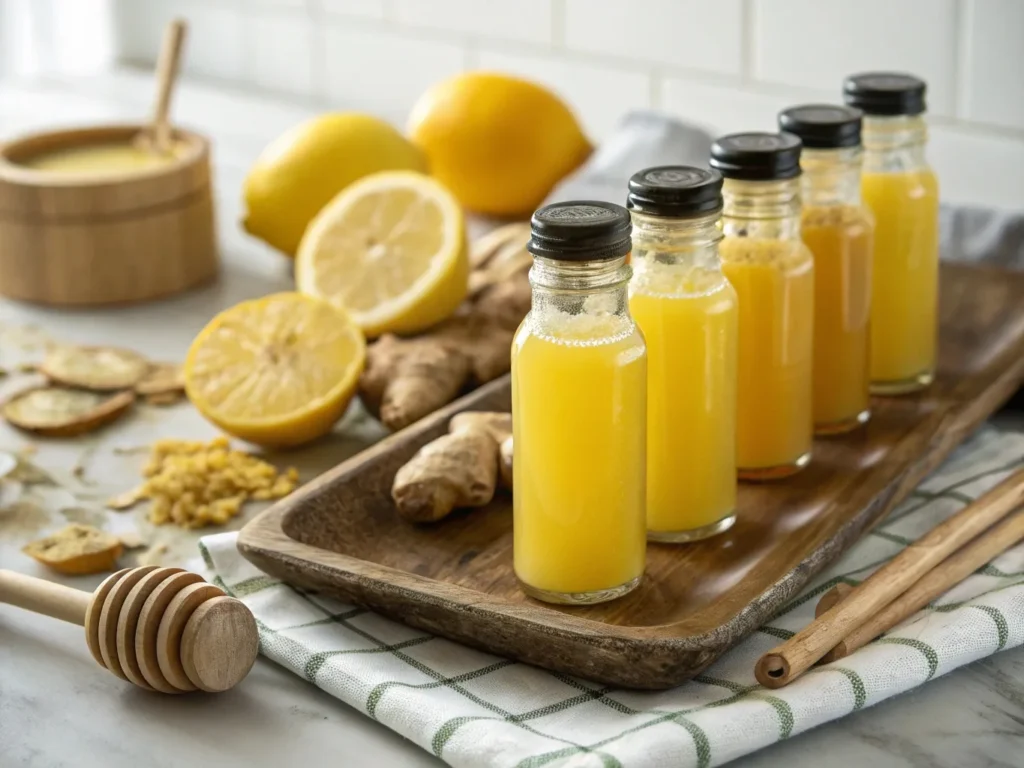 Freshly made ginger citrus immunity shots in glass bottles, packed with vitamin C and antioxidants for a natural immune-boosting remedy.